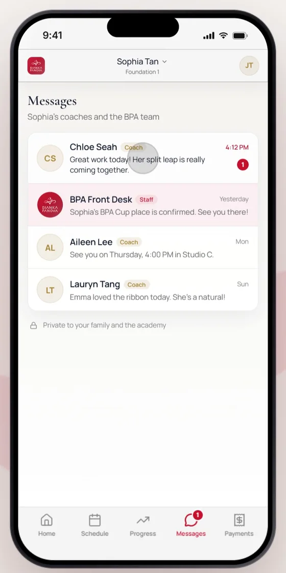 Parent app messages with coaches