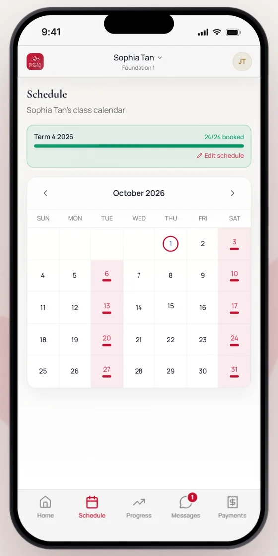 Parent app screen showing a child’s weekly class calendar