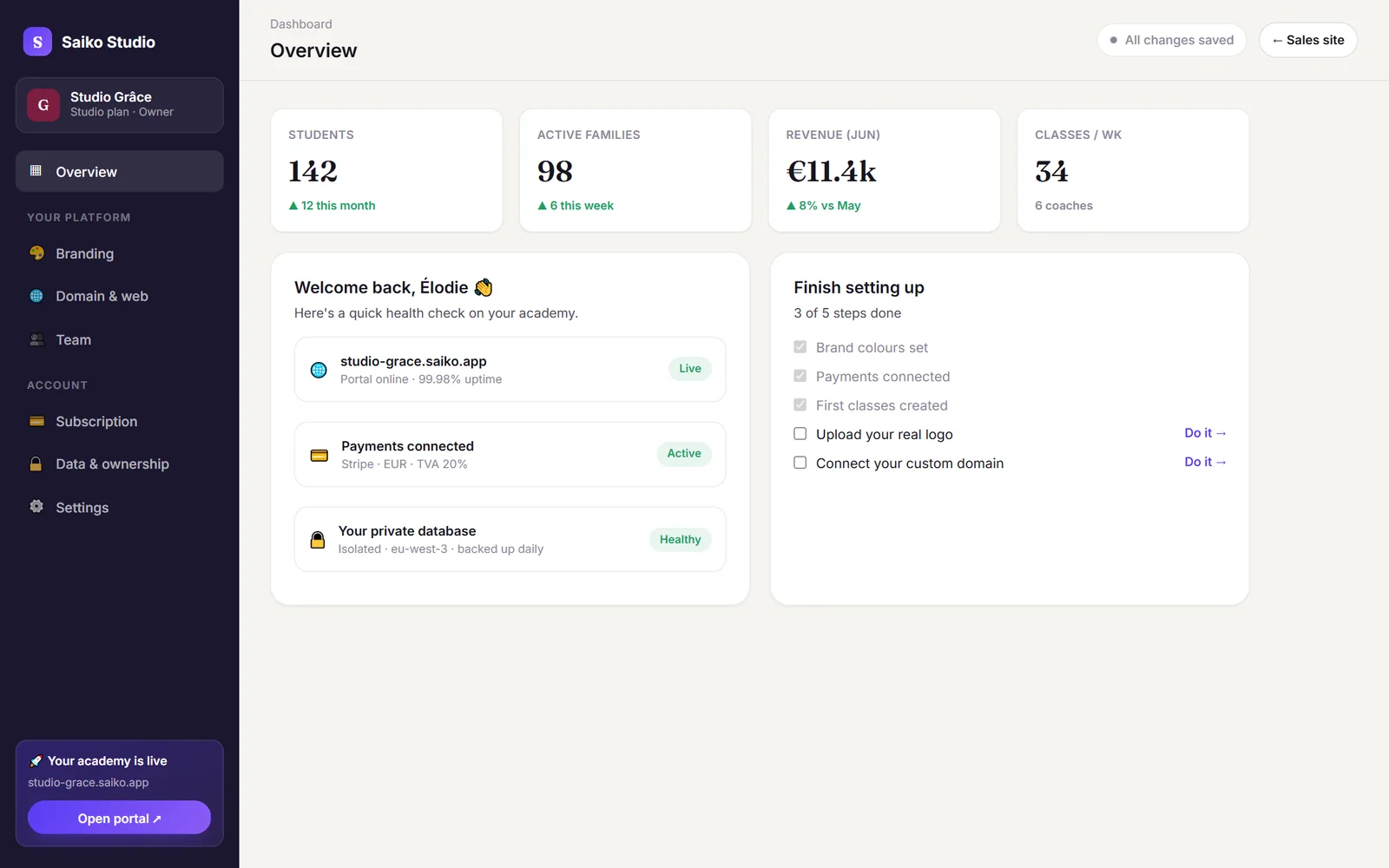 Owner dashboard with students, families, revenue and a setup checklist