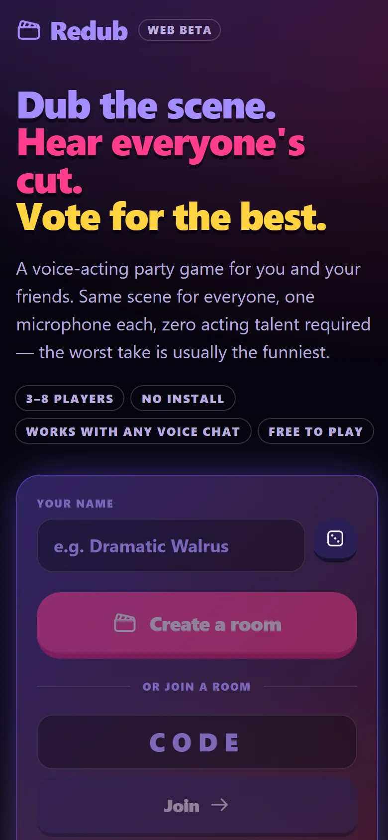 Redub on a phone with the create room form