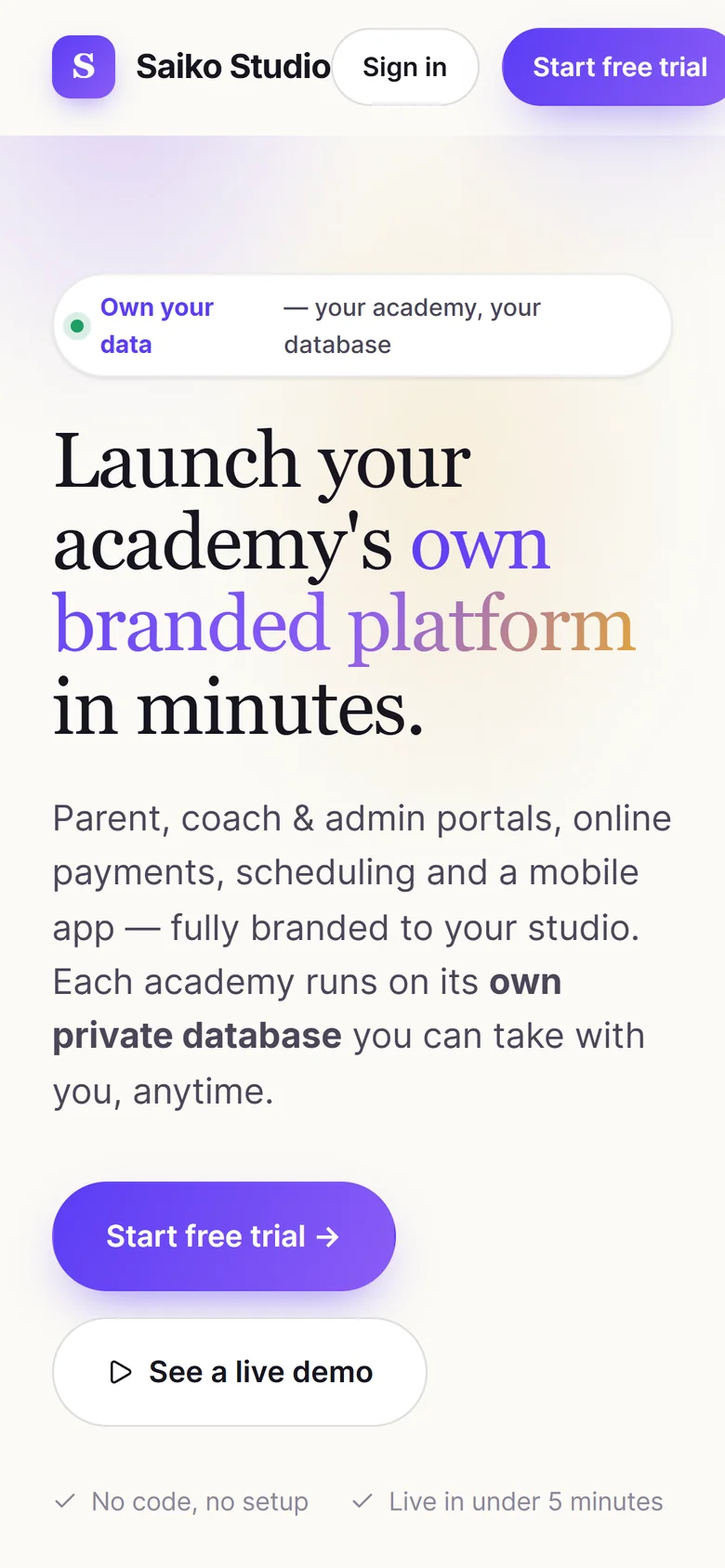 Saiko Studio home page on a phone